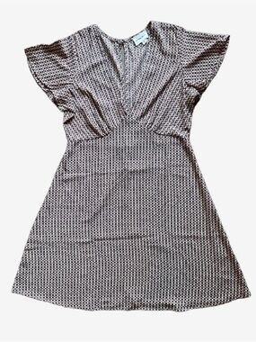 NLT V-Neck Flutter Sleeve Dress in Black Geo Print